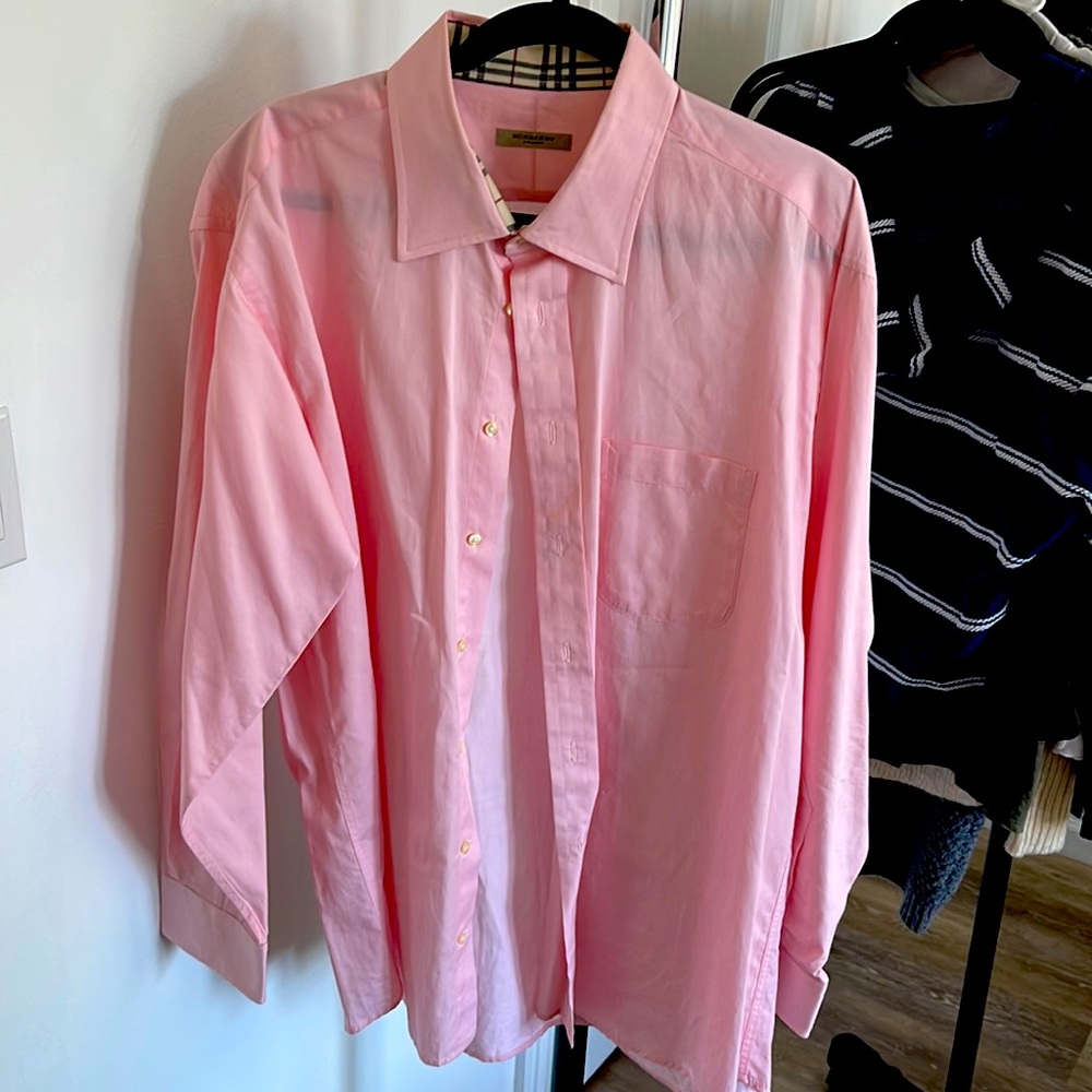 Burberry Mens Button-Up Shirt. Pink with Burberry plaid collar and cuffs i